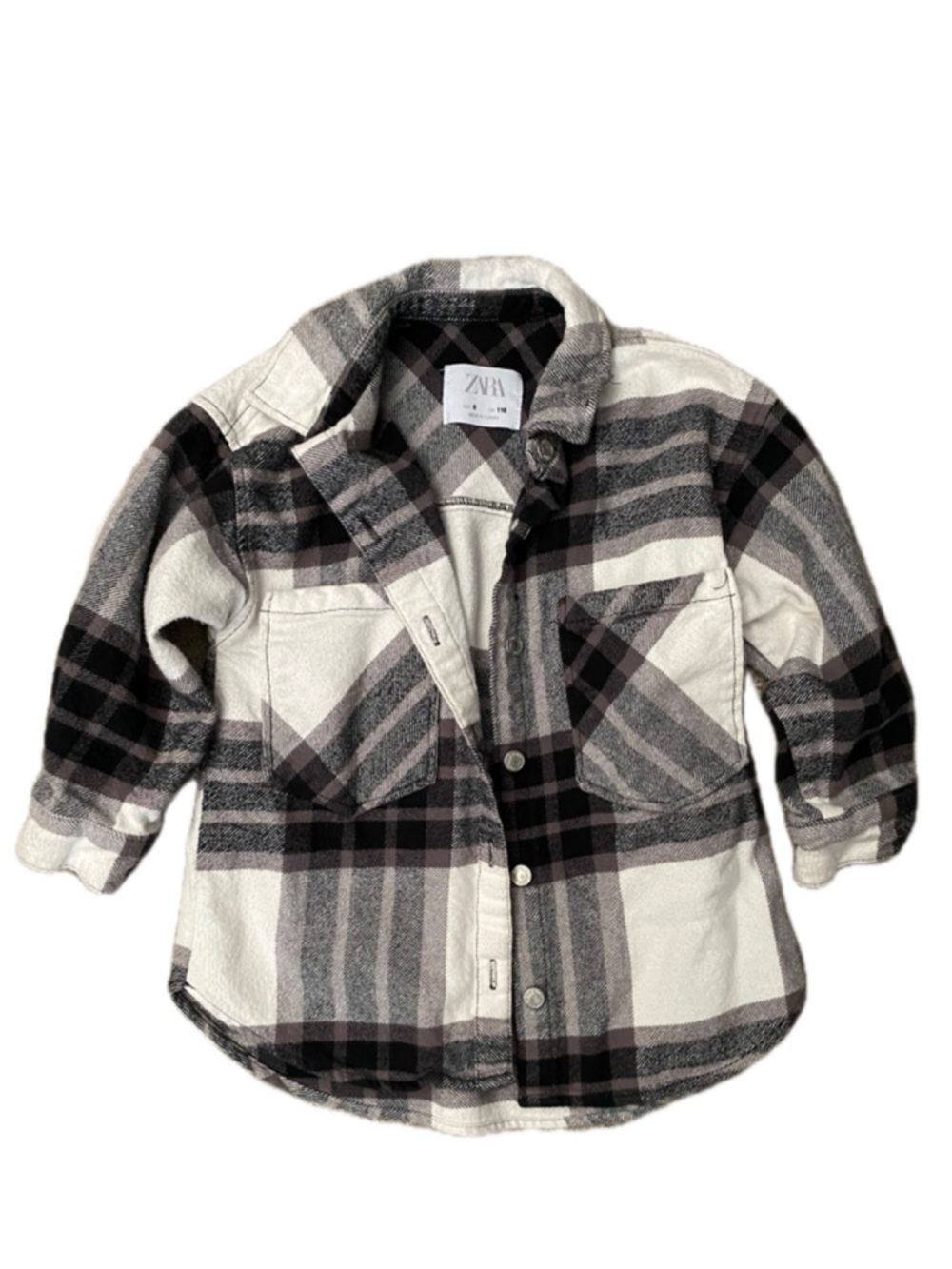 Zara Kids Oversized Cream & Black Plaid Button-Up Shirt Jacket